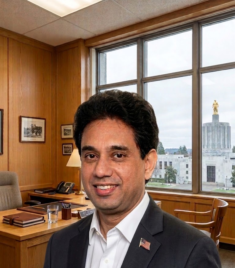 Wasi Khan, founder of CRN, in his office at the Oregon State Capitol
